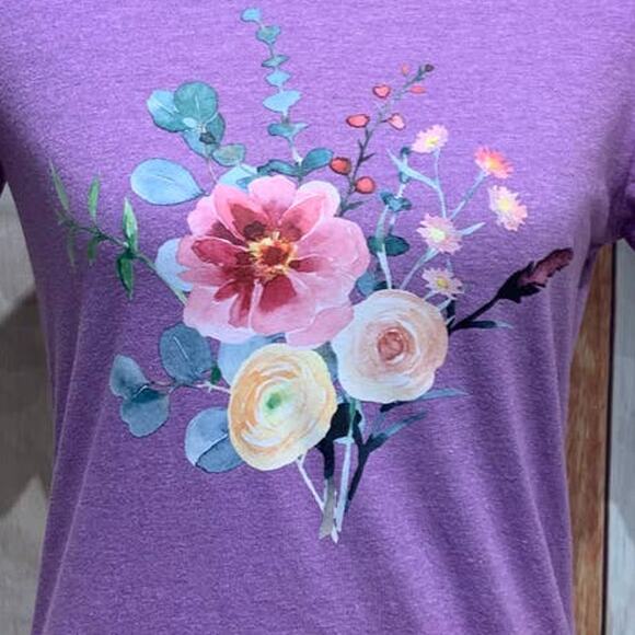 Hand Printed Upcycled Medium Watercolor Summer Flower Peony Aster Bouquet Tee - Picture 2 of 3